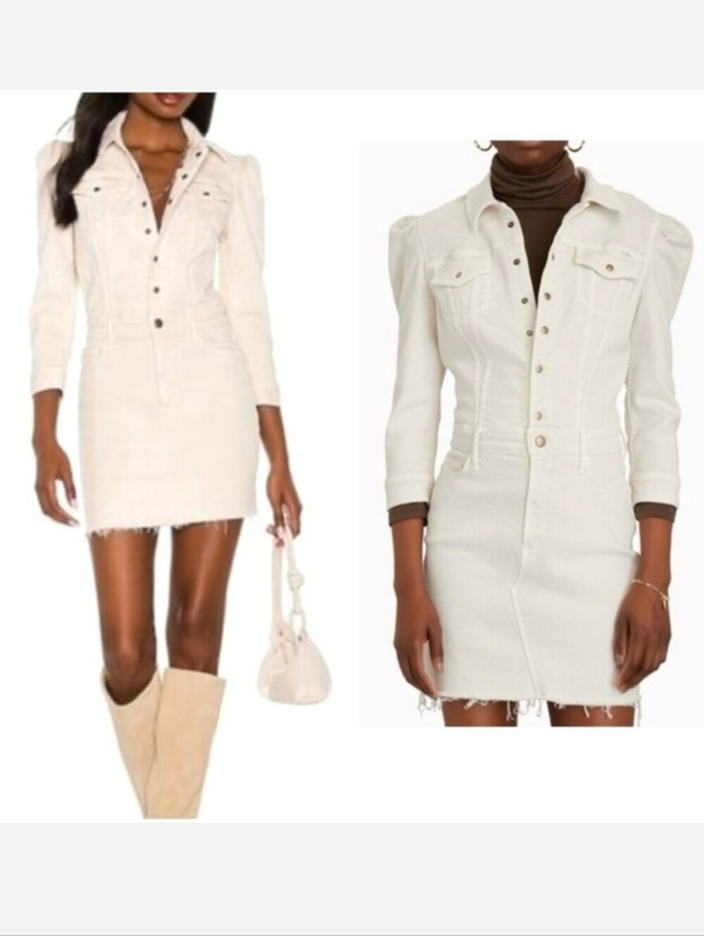 MOTHER Puffy Bruiser Second Chance Cream Button-Up Denim Mini Raw Hem Dress
